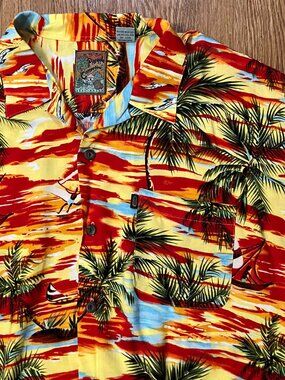 Vtg 90s Pineapple Connection Hawaiian Shirt XL Sunset Sailboat Rayon Tiki Aloha